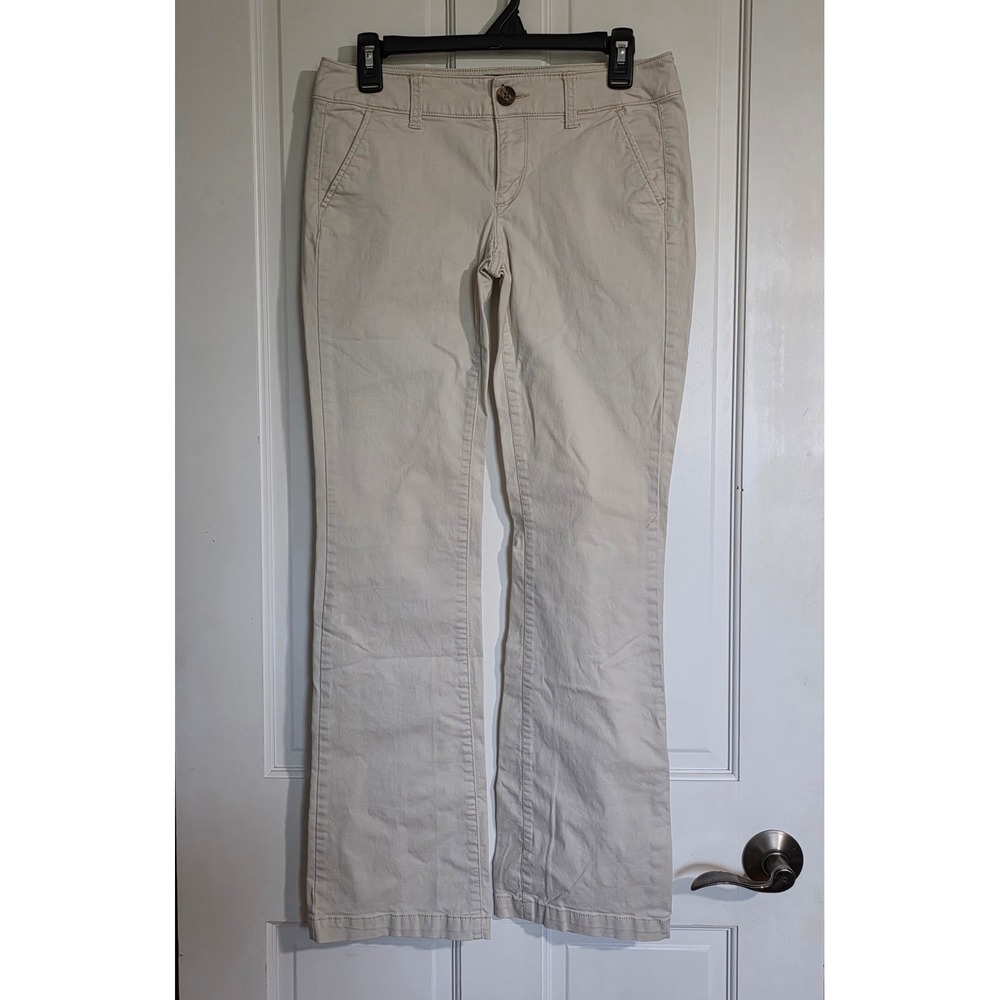 American Eagle Kick Boot Stretch Khaki Pants Beige Low Rise Bootcut Sz 4 Reg Y2K